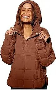 [VESNIBA] Women's Quilted Pullover Puffer Jacket Oversized Long Sleeve Hooded Coats Winter Warm Lightweight (Brown-b, S)
