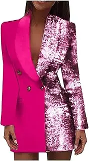 Women's Sequins Blazer Long Sleeve Sparkle Sequin Patchwork Double Breasted Suit Jacket Shawl Collar Blazer Dress