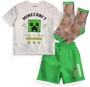 [Minecraft] Creeper Boys 3-Piece Set - Short Sleeve Graphic T-Shirt, Shorts & Socks - Complete Summer Outfit for Kids