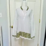 ZARA LINEN BLEND EMBROIDERED BOHO TUNIC TOP GREEN AND WHITE XL