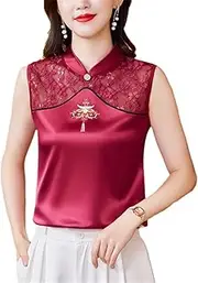 [Generic] Women Spring Summer Vintage Embroidered Tank Top Silk Satin Sleeveless Patchwork Lace Shirt