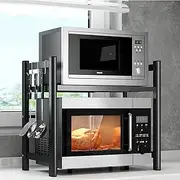 Expandable Microwave Oven Rack, Double Layer Carbon Steel Adjustable Microwave Shelf, Toaster Rack Heavy Duty Stand Kitchen Countertop Organizer, 66 lb Load Bearing, with 6 Hooks(Black)