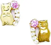 [JewelryWeb] 14k Yellow Gold Pink CZ Simulated Diamond Cat Screw Back Earrings 8x7mm Stud Earring for Women