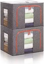 Miss Rui Clothes Storage Organizer Bag Linen 2 Pack Large 66L Capacity Closet Organiser Bins Containers Steel Frame Storage Box for Clothing with Clear Window & Reinforced Handles (Grey)