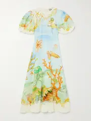 [ALÉMAIS] ALÉMAIS - + Sam Pauletto Emerald Cove Gathered Printed Linen-gauze Midi Dress - Blue - US6 US 6 Blue