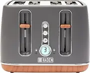 [HADEN] Dorchester Grey Toaster 4 Slice - Variable Browning Levels - Digital Controls & Wide Slots 4 Slice Toaster - Cancel/Defrost/Reheat Settings - With Wood Effect Finish