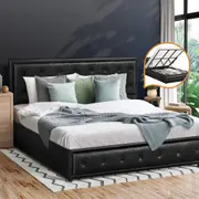 Oikiture Bed Frame King Size Gas Lift Black Leather