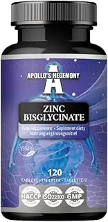 Zinc Bisglycinate 15 mg per Portion - 120 Vegan Tablets - 240 Portion per Package - Zinc Chelate Supplement to Support Immunity and Skin Health - by Apollo's Hegemony