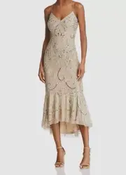 $395 Aidan Mattox Women's Beige Embellished Midi Dress Size 10