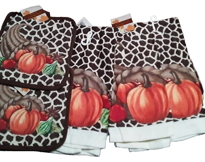 Kitchen Towel 5 Pack Fall Pumpkin Cornucopia Set.Oven Mitt & Pot Holder