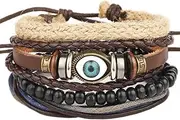 [Bullidea] Multiple Layers Retro Woven Cuff Elastic Bracelet Leather Bracelet Constellation Braided Beaded Rope Bracelet Bangle with An Eye for Men Women