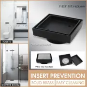 115x115mm Bathroom Black Shower Floor Grate Smart Tile Insert Waste Drain Brass