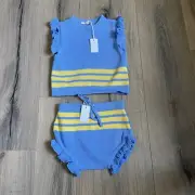 NEW Pip + Lenny Knit Matching Set Girls 4 Boutique Blue Yellow Top Bloomers