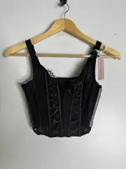 Victoria's Secret Black Sheer Mesh Lace Boned Crop Lingerie Corset Top M NWT CP