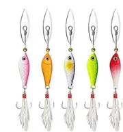 Fishing Spoon Lures - 5X Bass Swim Baits with Feather Tail, Rotating Sequins | Metal Hook Tackle Accessories for Freshwater & Saltwater Fishing, Targeting Various Fish Species