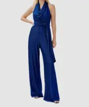 $295 Aidan Mattox Women's Blue Metallic Cowl Neck Tie Waist Jumpsuit Size 0