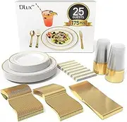 DLux 175 Pieces Gold Plastic Dinnerware Set for 25 Guests, (25 Forks, Knives, Spoons, Cups, Straws, Salad & Dinner Plates) for Wedding and Party, Reusable