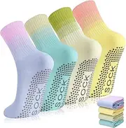 [Zuimei] Non Slip Yoga Socks for Women, 4 Pairs Colorful Pilates Socks with Grips Grippy Socks for Yoga Ballet Dance Workout Home Hospital, Multicolour, One size