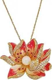 [KINMOT] Stunning Enamel Red Lotus Pendant Necklace on Gold Chain, Embellished with Pearl and cz, 18.0 Inches, Crystal, Crystal