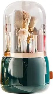 Makeup Brush Holder, Dustproof & Waterproof Make Up Brushes Container, 360 Rotating Cosmetics Make up Brush Organizer Storage with Lid for Vanity and Bathroom (Dark green)