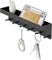 MKO Key Holder Wall Mount, Key Holder Wall Mount Adhesive with Mail Organizer Tray with 6 Key Hooks for Wall, Black