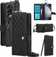 ELEPIK for Samsung Galaxy Z Fold 5 Case with S Pen Holder, [4 Card Holders + 1 Cash Slot] [Detachable Crossbody Strap & Hand Strap] Durable PU Leather Exquisite and Elegant Wallet Phone Case, Black