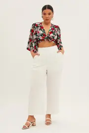 White Wide Leg Pant Flat Front Elastic Back Linen Blend