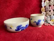 Handmade Pottery Bowl and Cup Blue & Yellow Abstract Floral Design Craze Crackle