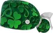 [WOSHJIUK] Working Hat 2 Pack Scrub Caps for Women,Green Leaves st. Patrick's Day,Tie Back Cap Adjustable Scrub Hat