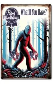Pabst Bigfoot Sign Blue Ribbon Tin Metal Bar PBR Beer Man Cave Sasquatch Made
