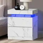 LED Bedside Table with Marble Surface and Remote Control 2 Drawers Bed Side Tabl
