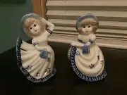 PAIR OF VINTAGE PORCELAIN WHITE & BLUE LADY BELLS IN BALL GOWNS - Made In Taiwan