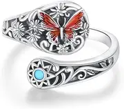 [XIXLES] Vintage Spoon Ring Sterling Silver Pink Butterfly Rings Adjustable Wide Thumb Rings Retro Butterfly Spoon Ring Oxidized Jewelry for Women Girls, Sterling Silver, No Gemstone