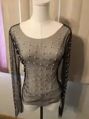 NWT Rhinestone and Pearl Sheer Long Sleeve Top Size Medium