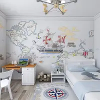 在飛比找Yahoo!奇摩拍賣優惠-創意兒童房墻布手繪世界地圖男孩壁紙臥室背景墻壁畫航海卡通墻紙