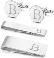 [Morfetto] 4 Pieces Stainless Steel Engraved Initial Cufflinks and Tie Bar Money Clip Set Personalised Button Shirt Initials Tie Clip Alphabet Letter A-Z with Gift Box for Best Man Groom Wedding Business