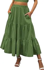 [Generic] Long Skirt Knee Length for Women Summer Boho Elastic Waist Pleated A Line Flowy Swing Tiered Long Beach Skirts with Pockets Bed Skirt