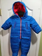 Weatherproof Infant 6-9 Month Snow Suit Blue/Red Hooded One Piece Enclosed Feet
