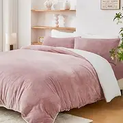 LINENOVA Dual-Sided Teddy Fleece Flannel & Sherpa Quilt Cover Set, Ultra Soft & Warm Reversible King Size Duvet Cover, Doubles as a Standalone Blanket with Zipper Closure (3 Pieces, Dusty Pink)