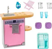 Barbie Furniture and Accessories, Doll House Decor Set with Dishwasher Theme, Kitchen Add-On with Counter Sink