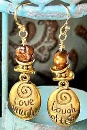 Copper Freshwater Pearl and Gold Love Much, Laugh Often Dangle Earrings.