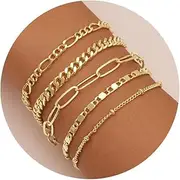 [Gokeey] 5PCS Gold Layered Bracelets for Women,Dainty 14K Gold Plated Paperclip Cuban Figaro Mirror Beaded Ball Link Chain Layering Bracelets Sets for Women Trendy