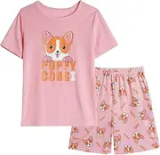 [Vopmocld] Big Girls Beautiful Sleeping Panda Sleepwear Cute Cartoon 2 Piece Pajama Sets, Corgi Puppy, 12