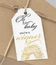 10 White Gift Tags Baby Shower Games Gold Rainbow Oh Baby You're A Winner