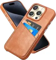 LUCKYCOIN Genuine Leather Case for iPhone 14 Pro,Premium Genuine Leather Wallet Case with 2 Card Slots, Scratch-Resistant Shockproof Protective Cover Case,6.1" Brown