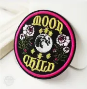 MOON CHILD IRON ON SEW ON EMBROIDERED PATCH FLOWERS HIPPIE RETRO WOODSTOCK