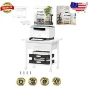 Space-Saving 2-Tier Printer Stand with Drawer and Lockable Wheels - White