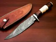 CUSTOM HAND MADE Damascus STEEL Bowie KNIFE handle real wood & bone