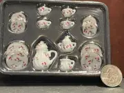 Dollhouse Miniature Tea Set White Red 17 pc Teapot Plates 1:12 inch scale B209
