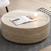 90CM Round Coffee Table – Carrara White Faux Marble Finish, Modern Fiberglass Accent Center Table for Living Room, Bedroom, Office, or Waiting Room, No Assembly Required